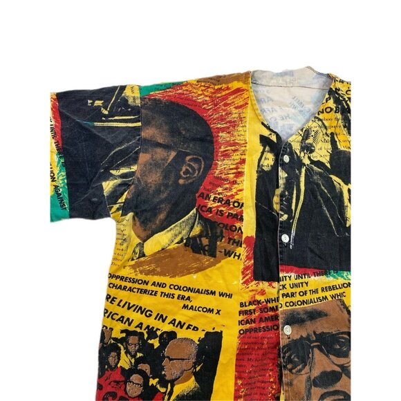 Vintage 1990s Malcolm X All Over Print Jersey Button Up Black History Sz XL USA - Picture 3 of 6